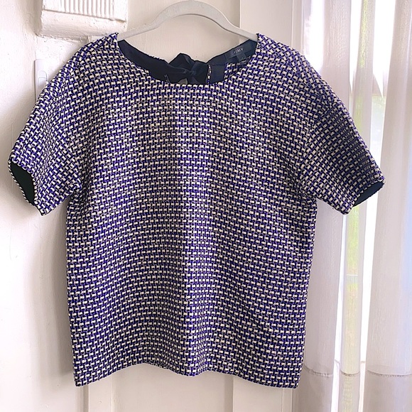 J. Crew Short Sleeve Woven Tweed Top Keyhole Back - Picture 9 of 12